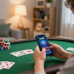 Player exploring Jun88 casino app on smartphone, vibrant home gaming ambiance.