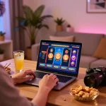 Player engaging in online slots at home, enjoying s666 gaming experience.