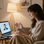 Young woman enjoying a cozy conversation using a sex ai chat application in a warm living room setting.