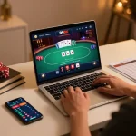 A player engages with the 99OK casino app on a laptop, showcasing a poker game interface.