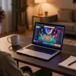 Người chơi hứng thú sử dụng ứng dụng casino trực tuyến Hit Club trên laptop trong không gian ấm cúng tại nhà.