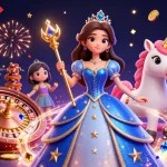 Experience thrilling gaming at cm88 with a vibrant 3D casino scene showcasing a royal blue gown and magical unicorn.