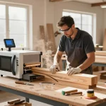 Macchina per il trattamento a microonde in un laboratorio di legno per un efficace controllo dei parassiti antitarlo, che mostra un tecnico esperto al lavoro.