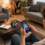 Engaging with the 555win mobile app for an online casino game experience at home.
