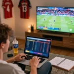 Person actively betting on cm88z online platform while enjoying a sports game in a vibrant home setting.