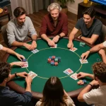 Friends enjoying a poker night while discussing strategies on VIN777.