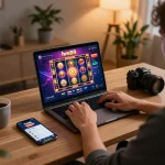 Engagingly playing slots on the hm88 platform from a stylish home setup, highlighting interactive online gaming experience.