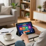 Người chơi chiến lược chơi trò chơi casino Go 88 trên máy tính bảng trong một phòng khách ấm cúng.
