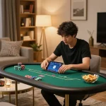 I9BET player enjoying poker in a cozy home environment with engaging gameplay elements
