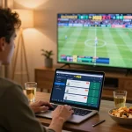 M88 sports betting enthusiast placing bets during live game with laptop and snacks.