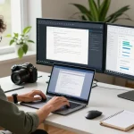 WPS Download demonstrated on a modern workspace with dual monitors actively displaying editing features and productivity tools.