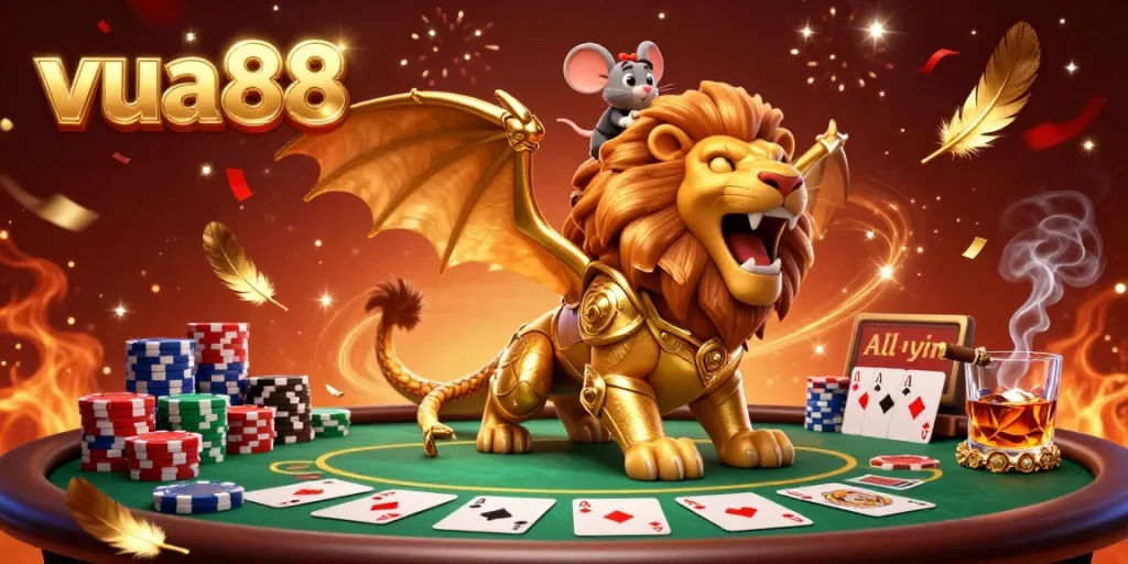 Experience thrilling gameplay with vua88, featuring a triumphant chimera amidst a vibrant poker scene.