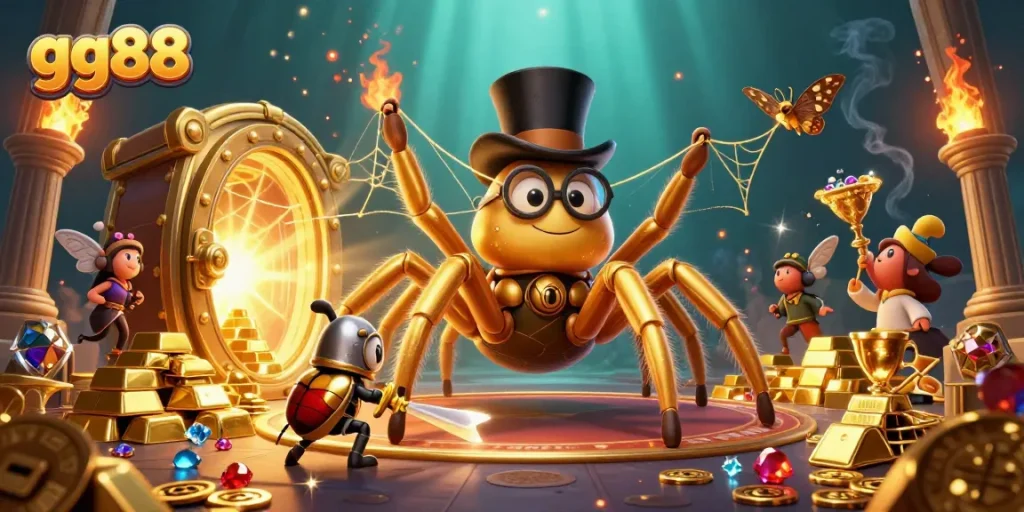 Join the adventure with GG88's vibrant scene of a golden tarantula and beetle knight in a thrilling casino setting.