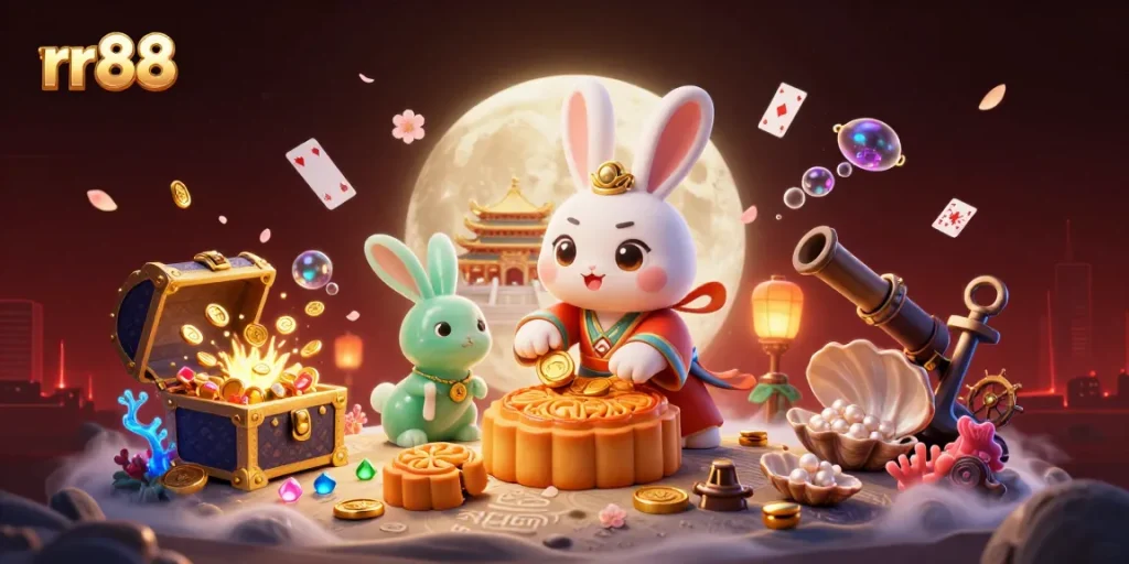 Engage with rr88 in a vibrant casino scene featuring a moon rabbit, poker chips, and dynamic game elements.