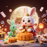 Engage with rr88 in a vibrant casino scene featuring a moon rabbit, poker chips, and dynamic game elements.