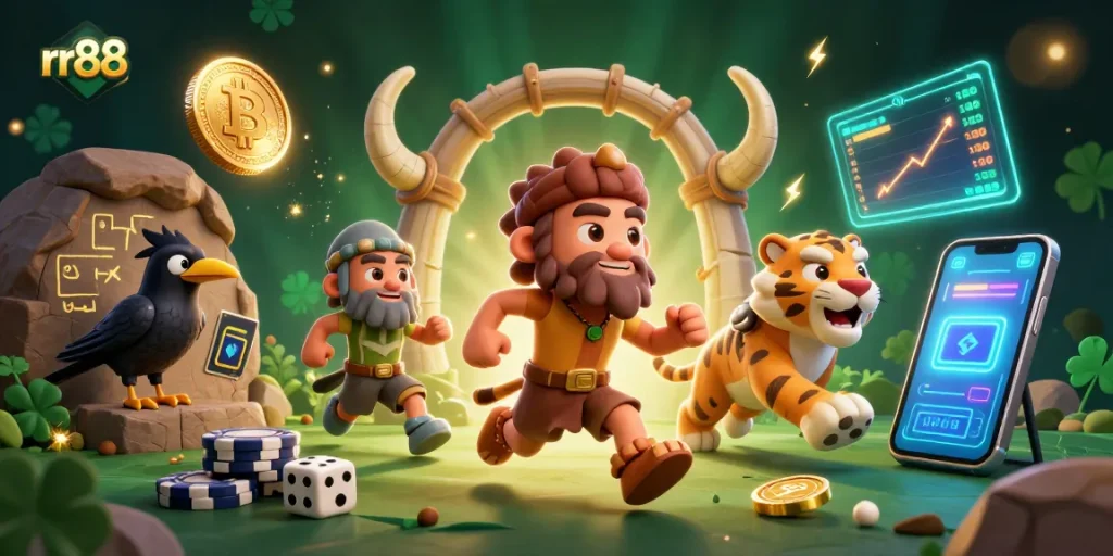 Experience thrilling games at rr88, featuring vibrant characters in a prehistoric casino setting.