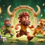 Experience thrilling games at rr88, featuring vibrant characters in a prehistoric casino setting.