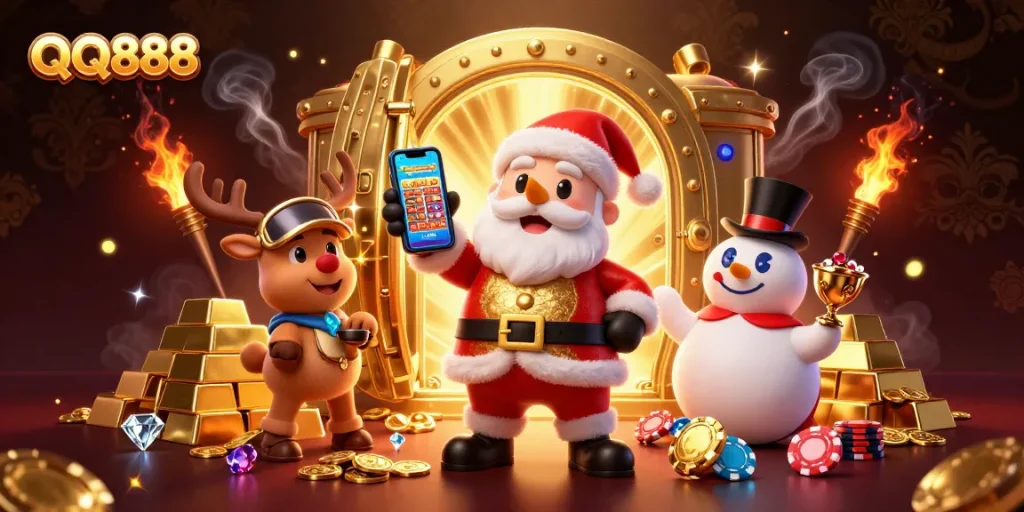 Experience thrilling jackpots at QQ888 with cheerful casino characters in a festive setting.