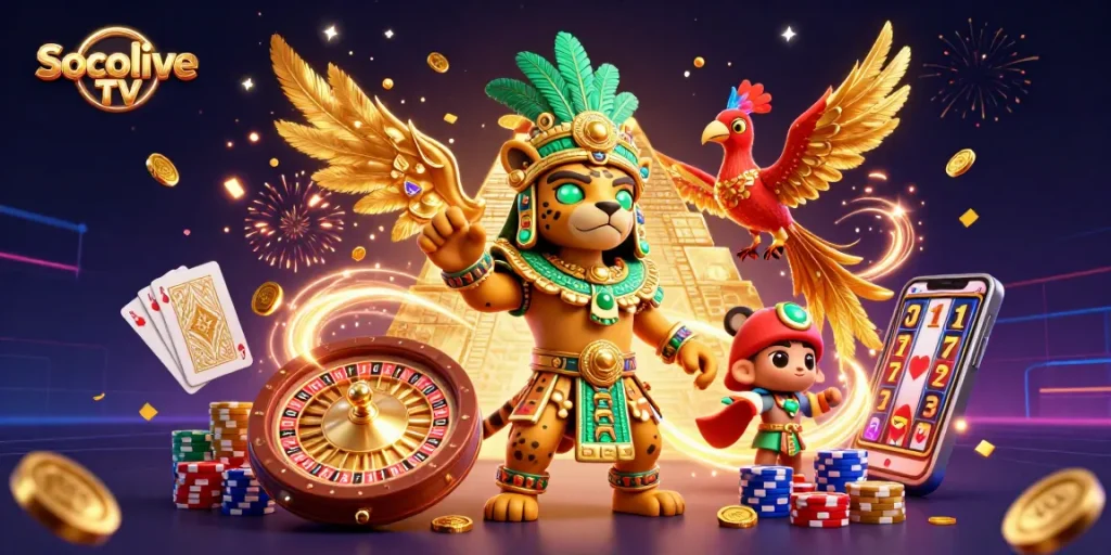 Socolive TV showcases an immersive gambling-themed illustration featuring vibrant casino elements and dynamic gaming action.