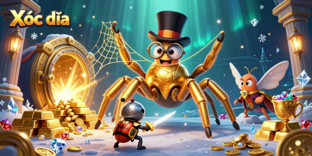 Xóc đĩa game scene with a giant golden tarantula and a brave beetle knight amidst treasure vaults and sparkling gems.
