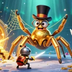 Xóc đĩa game scene with a giant golden tarantula and a brave beetle knight amidst treasure vaults and sparkling gems.