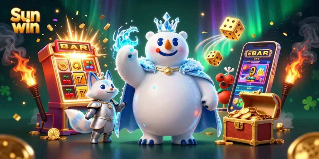 Experience exhilarating gaming with Sun win, featuring polar bear and fox amidst jackpot slot delights.