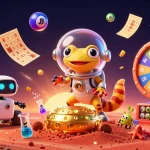 A dynamic scene featuring the best real money online casino with a Martian gecko, colorful lottery balls, and casino elements.
