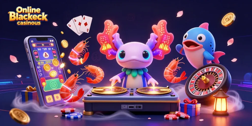 Experience thrilling online blackjack casinous with a vibrant axolotl DJ and dynamic casino elements.
