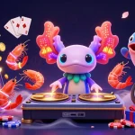 Experience thrilling online blackjack casinous with a vibrant axolotl DJ and dynamic casino elements.