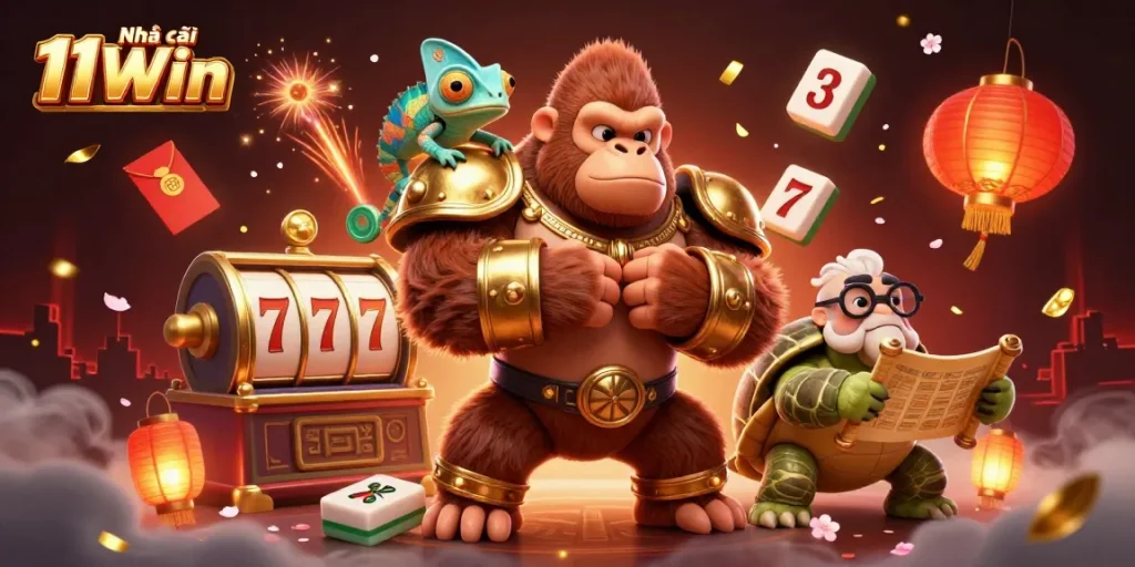 Engage in thrilling games at Nhà cái 11Win featuring a powerful gorilla king alongside dynamic casino elements.